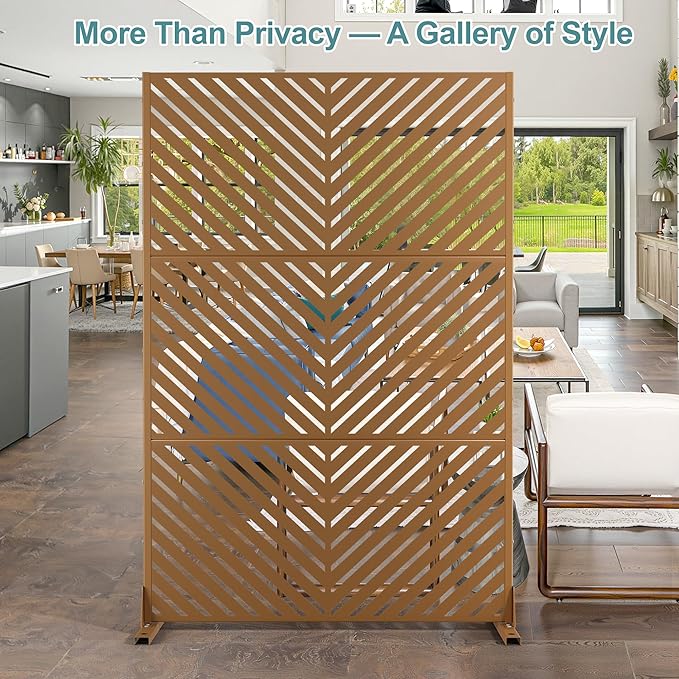 Metal Privacy Screen Outdoor Freestanding Privacy Wall Panels and Decorative Patio Dividers,Crafted from Steel with Sun-Proof Design, Ideal for Patio, Deck, Garden,72" H×47" L,（Brown&Parallel