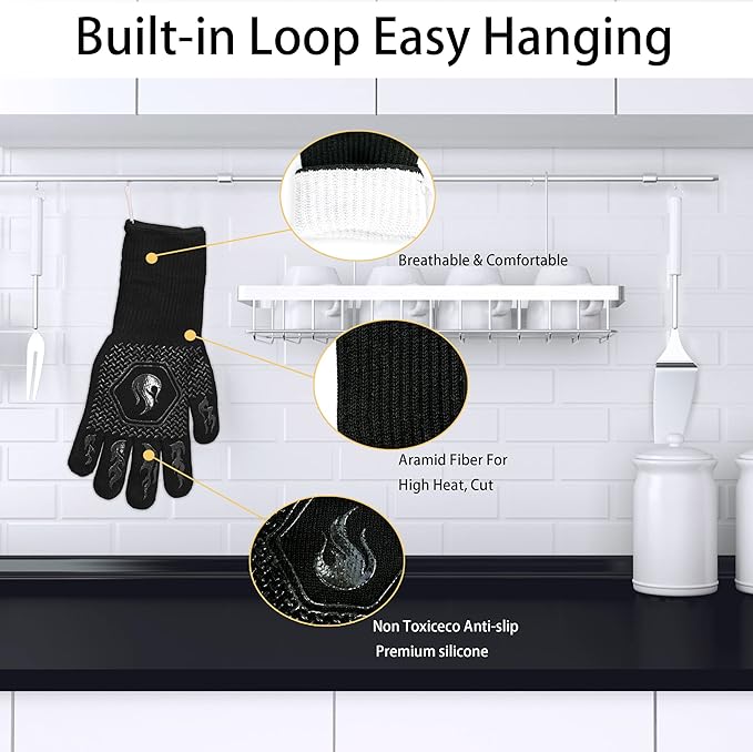 BBQ Fireproof Gloves, Grill Cut-Resistant 1472°F Heat Resistant Gloves, Non-Slip Silicone Oven Gloves, Kitchen Safe Cooking Gloves for Oven Mitts,Barbecue,Cooking, Frying,13.5 Inch-Black