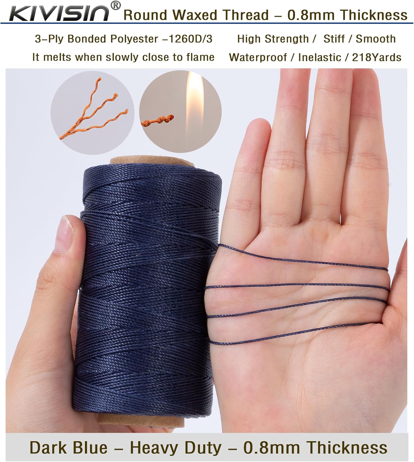 Heavy Duty Round Waxed Thread 0.8mm, 218 Yards, Dark Blue, Bonded Thick Polyester Wax Coated Cord for Leather Sewing, Upholstery, Whipping Twine, Basket Weaving and Macrame Making
