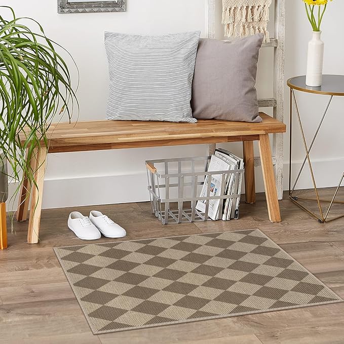 Easy Jute Checkered Entryway Rug, 2x3 Brown Modern Indoor Outdoor Doormat, Washable Non-Slip Neutral Small Kitchen Rug Farmhouse Diamond Throw Rugs for Entrance Bedroom Bathroom