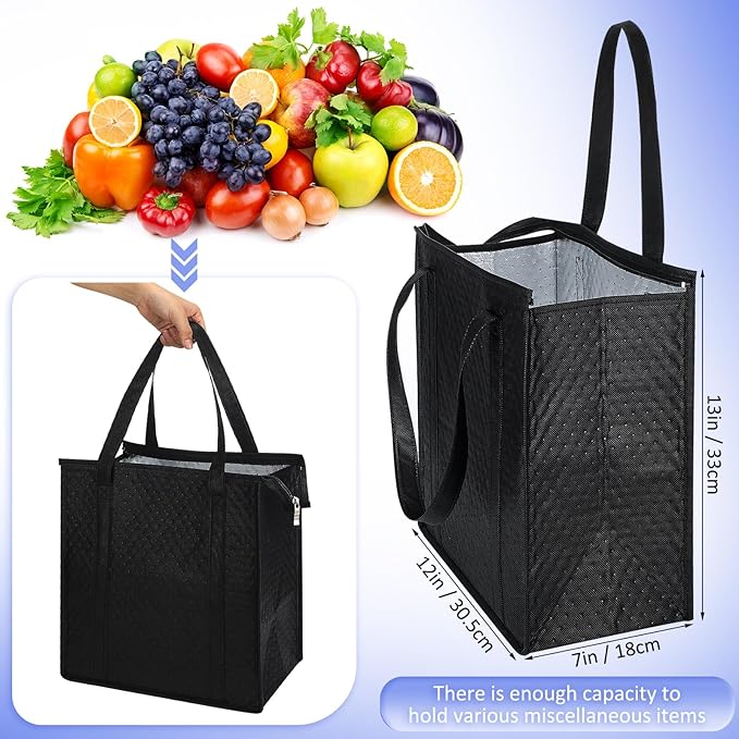 10 Pack Large Insulated Grocery Bags Reusable Shopping Bags with Zippered Top 13 x 12 x 7 Inch Thermal Cooler Totes Bulk with Handles for Hot Cold Food Delivery Refrigerator(Blue and Black)