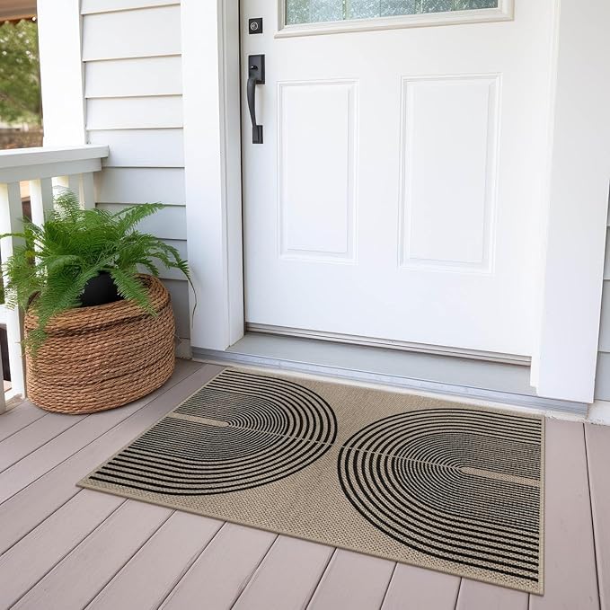 Easy Jute Rainbow Entryway Rug, 2x3 Washable Non-Slip Indoor Outdoor Doormat, Black Nature Boho Farmhouse Small Kitchen Rug Modern Abstract Throw Rugs for Entrance Bedroom Bathroom