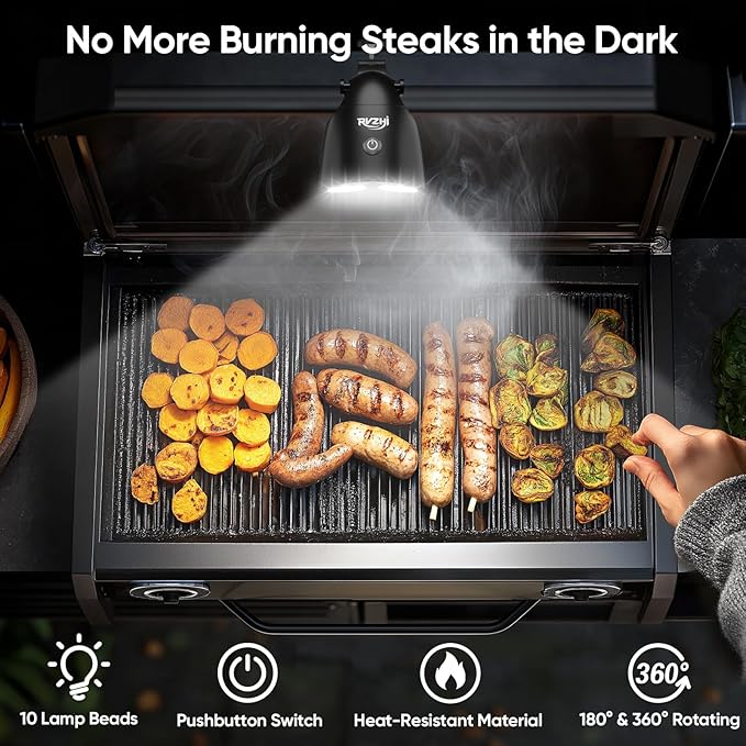 Grill Light Grilling Accessories: Mens Valentines Gifts for Dad Him Husband - LED Bright Smoker BBQ Light for Outdoor Grill - Clamp-On Handle Mount Two Brightness Settings with Batteries
