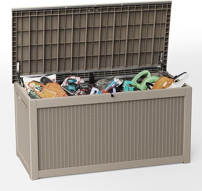 EasyUp 320 Gallon Outdoor Storage Box Waterproof, UV Resistant Resin Deck Box with Hydraulic Rod, Reinforced Stability for Patio, Garden, Rattan Gray