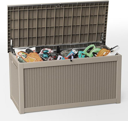 EasyUp 320 Gallon Outdoor Storage Box Waterproof, UV Resistant Resin Deck Box with Hydraulic Rod, Reinforced Stability for Patio, Garden, Rattan Gray
