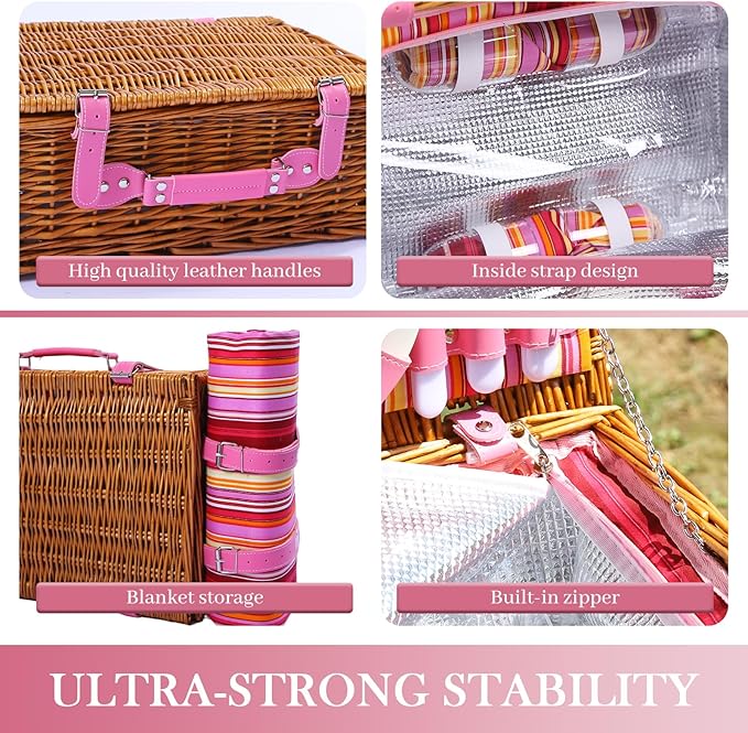 Neti Neti Wicker Picnic Basket for 4 with Insulated Cooler & Waterproof Blanket – Large Willow Picnic Hamper for Outdoor, Camping, Beach, Romantic Dates, Valentine’s Day
