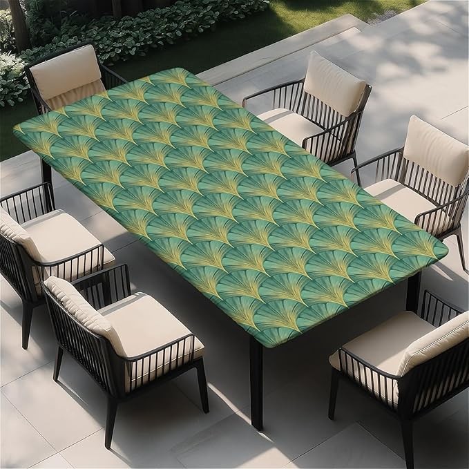 Rectangle Table Cloth Cover Waterproof Elastic Fitted Polyester Fitted Tablecloths for 6 Foot Tables for Indoor,Picnic, Camping, Outdoor （72" x 30"，Green Sector Geometry）