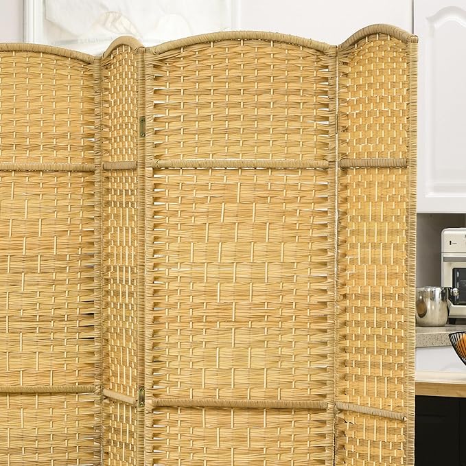 HOMCOM 6 Panel Room Divider, 6' Tall Folding Privacy Screen, Hand-Woven Freestanding Wall Partition for Home Office, Bedroom, Nature Wood