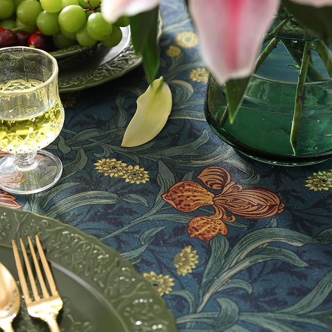 patdrea Designer Dark Blue Linen Round Tablecloth,Vintage French Rustic Floral Pattern Tablecloths,Decorative Table Cover Cloth for Kitchen,Dining,Tea Party,Home,Christmas,Diameter 55"