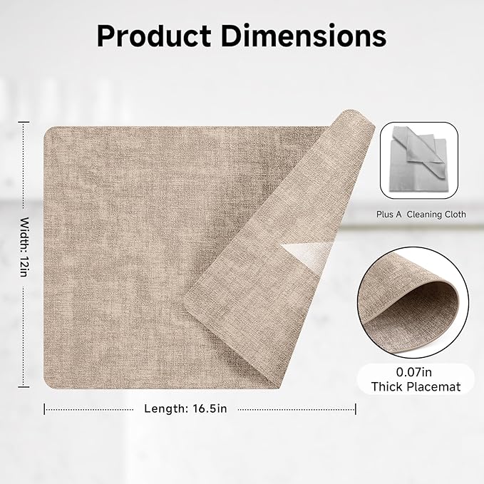 Faux Leather Vinyl Placemats Set of 4 Wipeable Heat Resistant Place Mats 100% Washable - Waterproof - Anti Slip Reversible Table Mats for Kitchen/Dining/Party/Outdoor, 12" x 16.5", Khaki