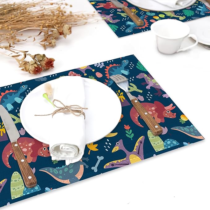 Dinosaur Placemats Set of 6,Cute Tropical Leaves Heat Resistant Table Mats Washable Place Mats for Party Kitchen Farmhouse Home Dining Holiday Decor 12x18 Inch