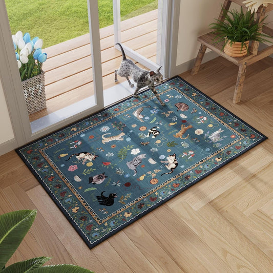 Rugcomf Door Mat Indoor Entrance 2x3 Rug Machine Washable Boho Floral Animal Cat Small Area Rug Non-Slip Low Pile Throw Rugs for Entryway Kitchen Front Door Indoor Entry Kids Room, Pearl Gentian Blue