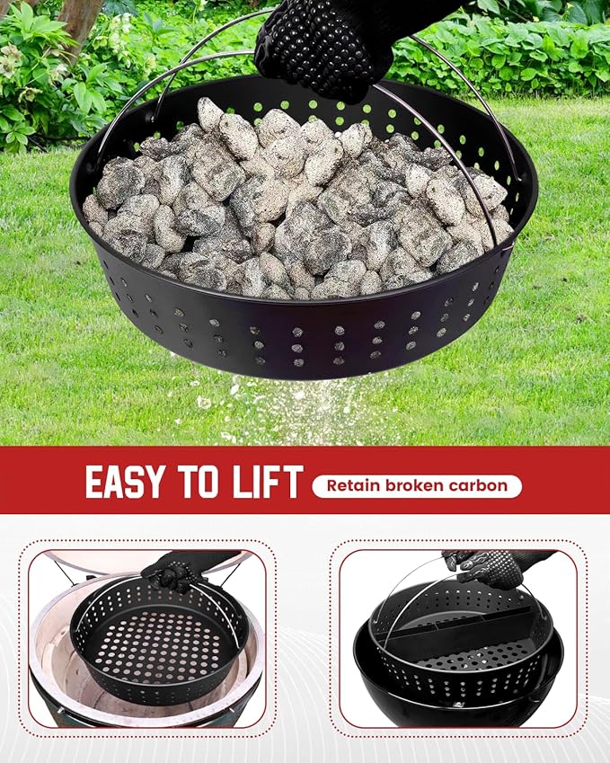 Fire Basket for Weber Kettle XL Big Size Green Egg Grill Airflow Charcoal Basket Crate with Handle Carbon Steel Fire Bowl Smoker Box for Weber XLarge Big Size Green Egg Ash Bucket Holder Accessories
