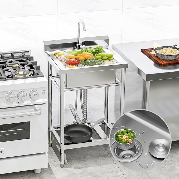 Stainless Steel Utility Sink, 22'' Free Standing Single Bowl Kitchen Sink with Cold and Hot Water Pipe, Indoor and Outdoor for Laundry Room Farmhouse Kitchen(22 inch)