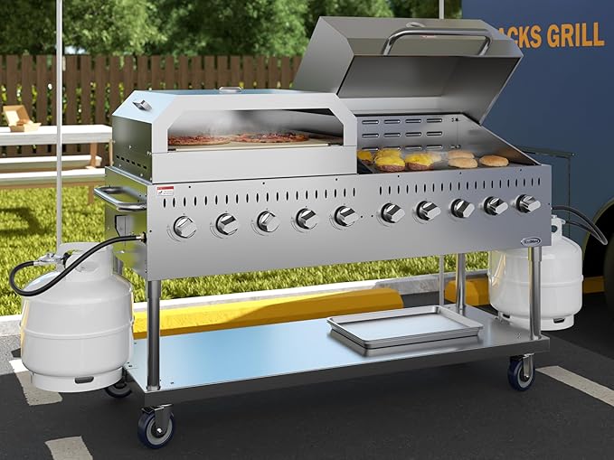 72 in. Commercial Outdoor Propane Gas Grill with 36 in. Roll Dome Cover and 36 in. Pizza Oven in Stainless-Steel, ETL Listed (CGKIT7-D36P36)