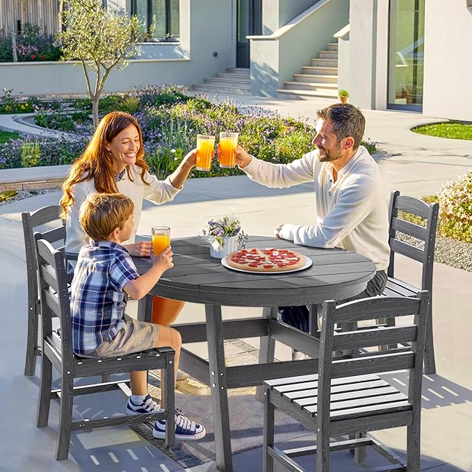 5 Piece Round Outdoor Dining Set, Relaxing HDPE Outdoor Table and Chairs with 105° Ergonomic Backrest, All-Weather Patio Table and Chairs Set with Umbrella Hole for Porch, Poolside, Gray