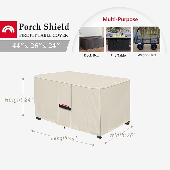 Porch Shield Patio Fire Pit Cover - Waterproof 600D Outdoor Rectangular Fire Table Cover Deck Box Protector - 44 x 26 inch, Beige
