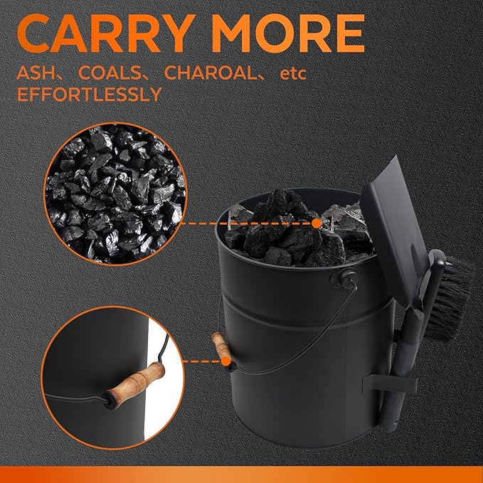 4 Gallon Ash Bucket with Lid and Shovel, Metal Fireplace Ash Bucket with Broom, Complete Fireplace Tools Set for Wood Stove and Fireplace