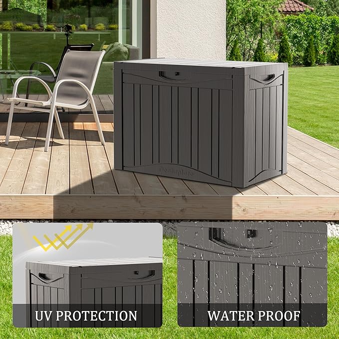 45 Gallon Deck Box, Resin Outdoor Indoor Waterproof Storage Box, Lockable Storage Box With Handle for Patio Furniture - Garden Tools - Swimming Pool Tools UV-Resistant, Grey