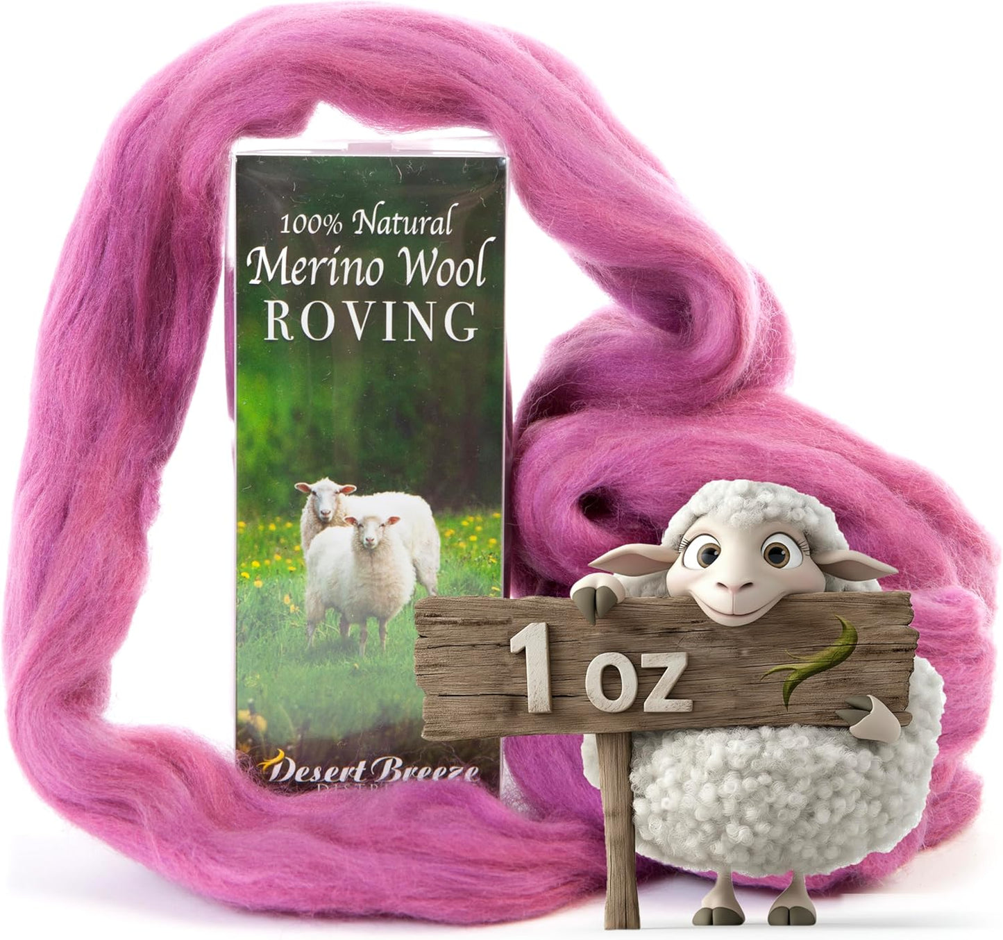 Desert Breeze Distributing 100% Natural Merino Wool Roving - Premium Combed Top Merino Roving Wool - Tapestry, Spinning, Wet Felting & Needle Felting Supplies - 21.5 Micron - 1 oz, Color Berry