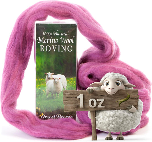 Desert Breeze Distributing 100% Natural Merino Wool Roving - Premium Combed Top Merino Roving Wool - Tapestry, Spinning, Wet Felting & Needle Felting Supplies - 21.5 Micron - 1 oz, Color Berry