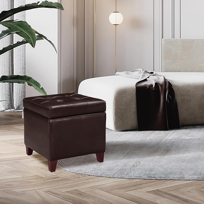 Homebeez Tufted Faux Leather Storage Ottoman Square Cube Foot Rest Stool with Flip Top (Brown)