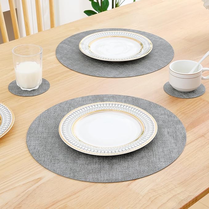 Homaxy Round Faux Leather Placemats and Coasters, Washable Dual-Side Table Mats, Wipeable Heat-Resistant Dining Place Mats for Outdoor and Indoor, Set of 6, Diameter 13 and 3.93 inch, Light Grey