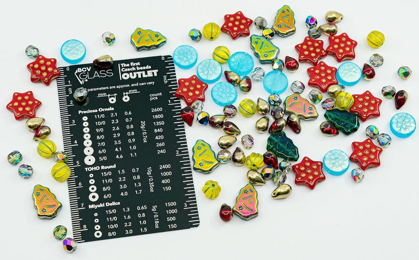 2.1oz (60g) of Christmas Czech Glass Bead Mix 2024 with Trees, Melons, Snowflakes and Faceted Beads, Dark Green Yellow Xmas