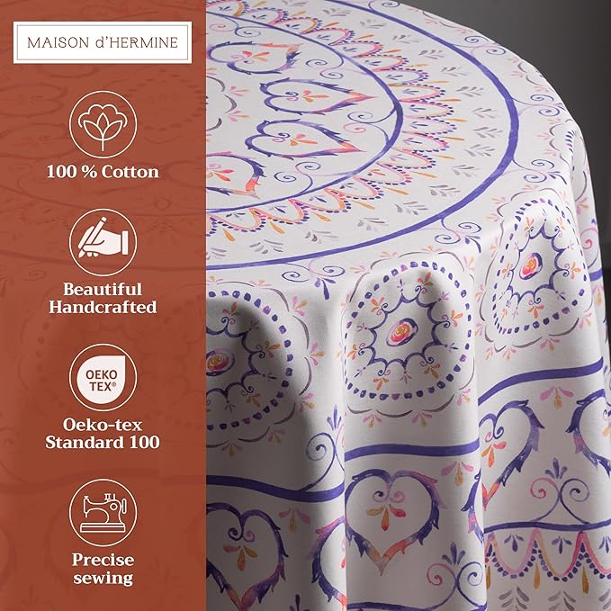 Maison d' Hermine Table Cloth Round Table 100% Cotton 69 Inches Tablecloth Reusable Decorative Everyday Use for Dining Room, Farmhouse, Home, Party, Festive & Wedding Spring Summer - Mandala