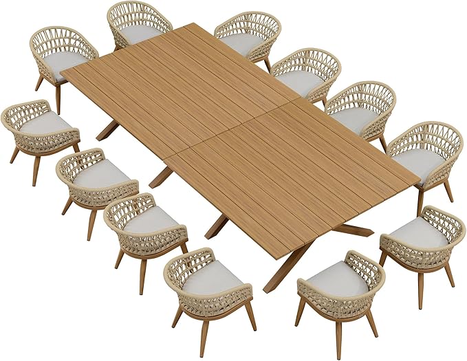 PURPLE LEAF 14 Pieces Outdoor Dining Set All-Weather PE Rattan Outdoor Patio Furniture Set with All Aluminum Frame Square Table and Chairs Set for Lawn Garden Backyard Deck, Teak