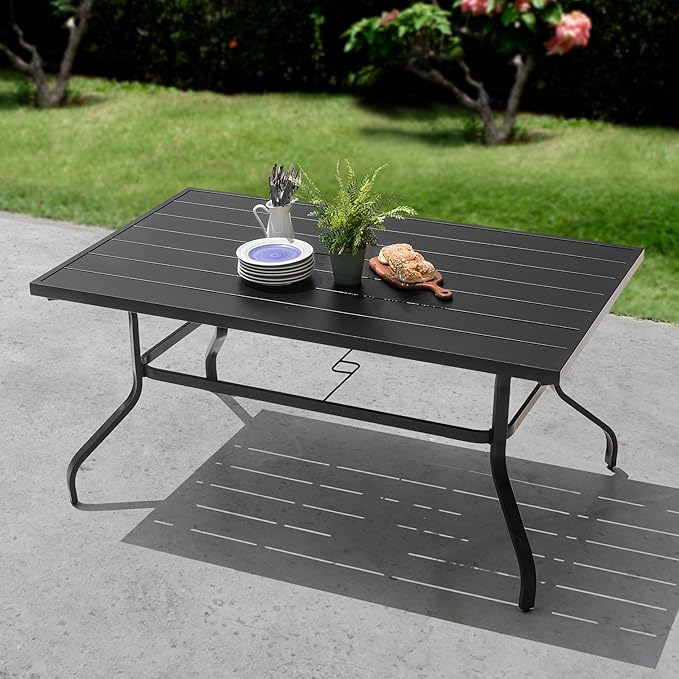 NUU GARDEN Outdoor 61" x 37" Rectangle Dining Table with 1.57" Umbrella Hole, 6-Person Steel Slat Outdoor Patio Table, for Patio, Garden, Backyard and Balcony, Black
