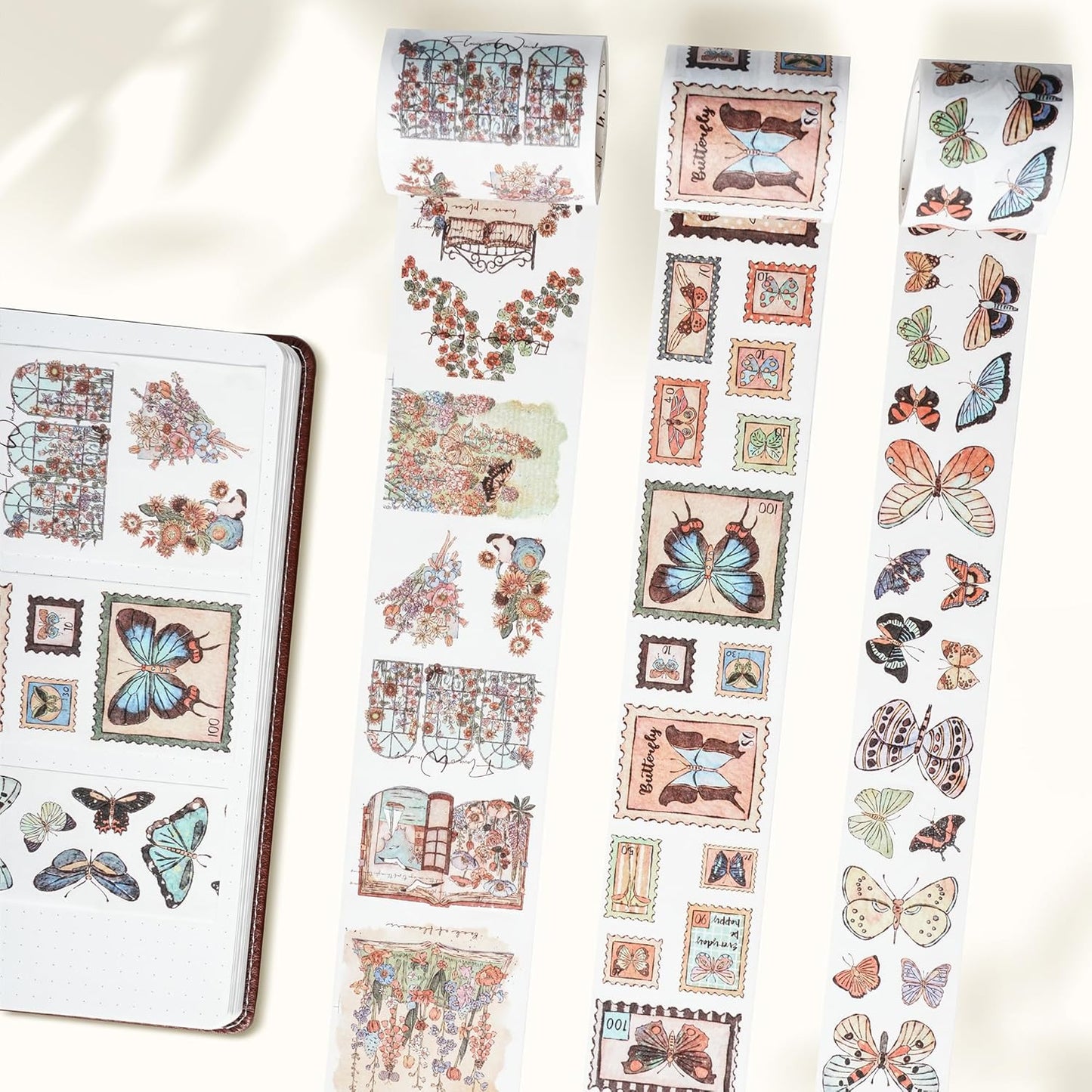 WT Stamped Wings Washi Tape Sticker Set – 3 Rolls Decorative Butterfly & Wing Washi Sticker Tape, Wide Vintage Adhesive Tape for Journaling, Scrapbooking, Planner, DIY Crafts & Wrapping