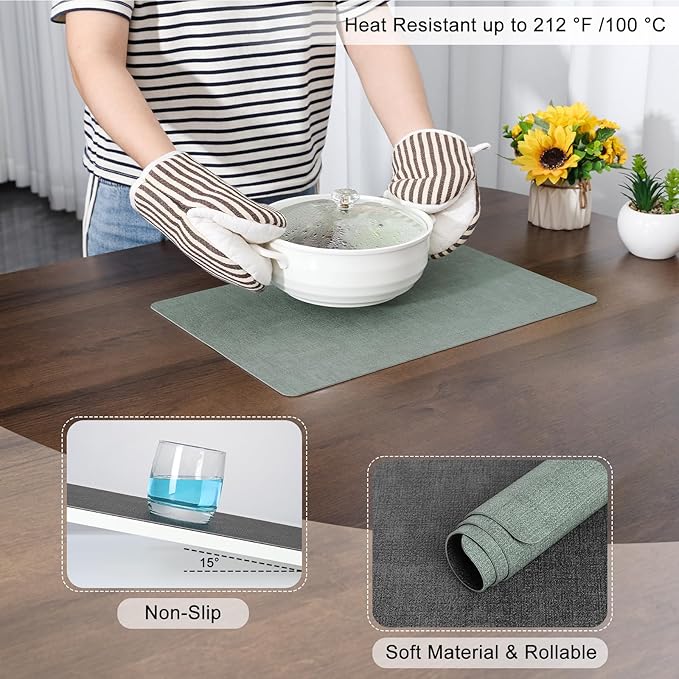 Myir JUN Placemats Dual Sided, Faux Leather Place Mats Set of 6 Indoor for Dining Table Non-Slip Washable Wipeable Heat Resistant Outdoor Table Mats (Gray Sage Green, Set of 6)
