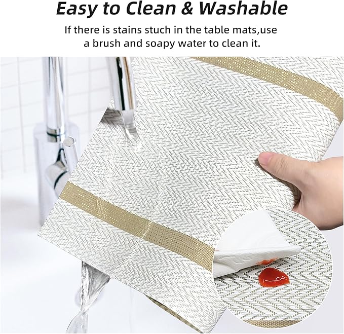 Beige Placemats Set of 8 - Heat Resistant Non-Slip Place mats for Dining Table, Washable Durable PVC Vinyl Woven Table Mats (Beige)