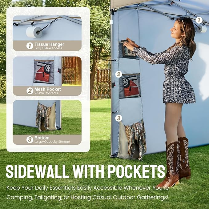 CROWN SHADES Canopy Tent 10x10 Pop Up Canopy Outdoor Shade with Pockets Sidewall, Easy Up Sun Shelter with One Person Set Up Center Lock, Portable Instant Camping Beach Canopy Tents, Beige