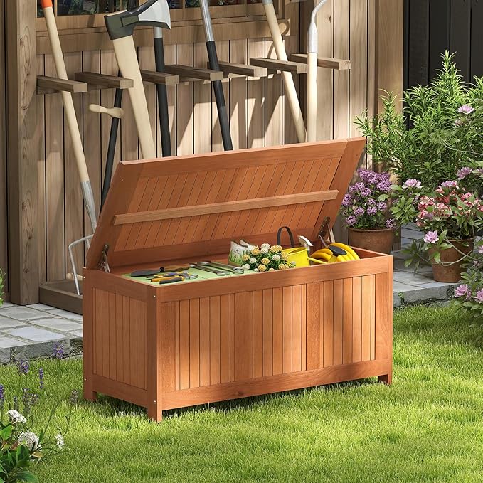 HAPPYGRILL Outdoor Wood Deck Box with Flip Top, Patio Storage Bench for Garden, Poolside, Backyard, 58 Gallon