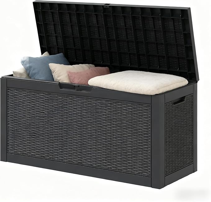 70 Gallon Outdoor Storage Deck Box Waterproof,Large Resin Storage Container for Outside,Patio Accessories for Outsid,Backyard Delivery Boxes,Lockable Lid,Rattan Black