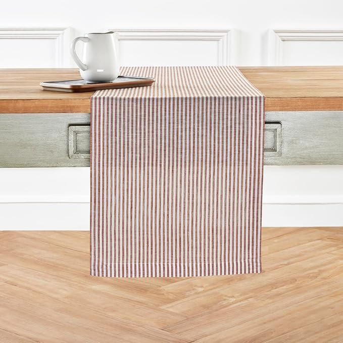 Solino Home Linen Striped Table Runner 36 Inches - Narrow Stripe, 100% Pure Linen Cinnamon and White Small Table Runner 14 x 36 Inch Ideal for Dresser and Coffee Tables