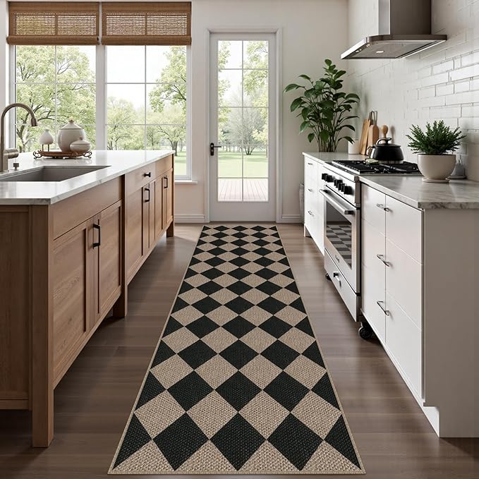 Easy Jute Checkered Runner Rug, 2.6x10 Black Modern Washable Rugs Runner for Hallway Non-Slip Kitchen Runner Rug, Geometric Diamond Indoor Outdoor Carpet for Porch Laundry Entryway