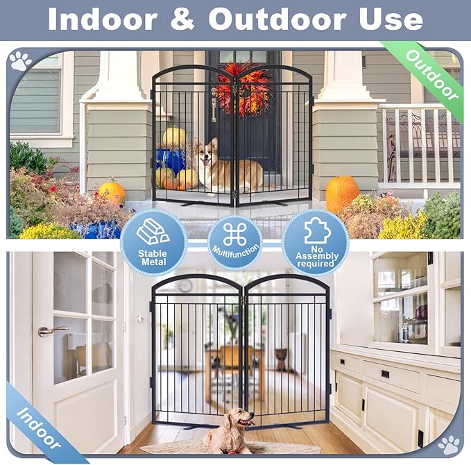 Full Metal Free Standing Dog Gate with Door for Indoor Outdoor, 48'' Extra Wide 36'' Tall Dog Gate for Doorways,Large Openings,Decks,Pet Puppy Freestanding Safety Fence(2 Panels,Black)