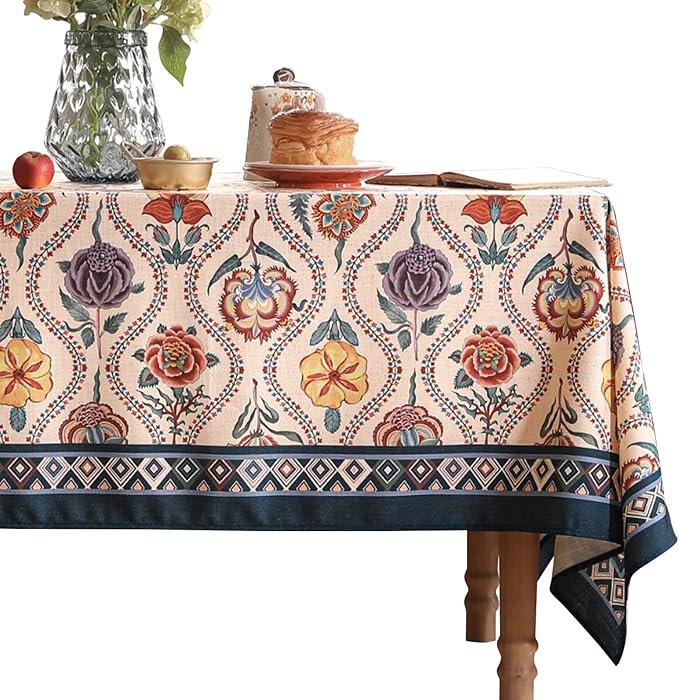 Vintage French Rectangular Tablecloth,Linen Extra Long Tablecloth with Rose and Cornflower Pattern,Decor Table Cover for Kitchen,Dining,Thanksgiving,Tea Party,67" × 118"-Lanae