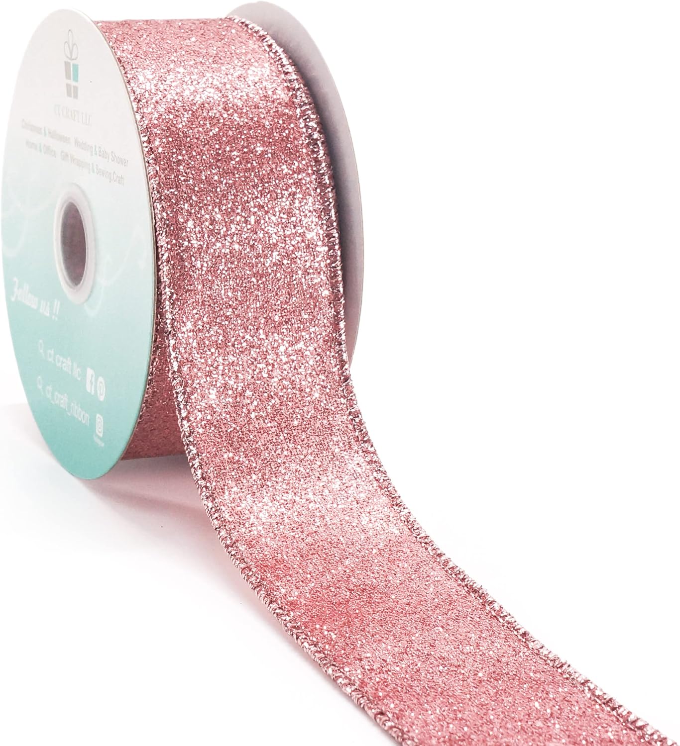 CT CRAFT LLC Glitter Wired Ribbon 1.5" x 10 Yards Rose Gold for Christmas Home Decor Bow Gift Wrapping DIY Crafts Wreath