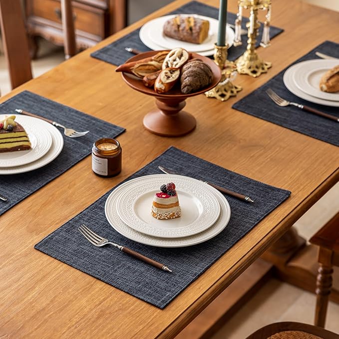 KXN Placemats Set of 6, Dual-Layer Thickened Faux Linen Table Mats, Heat Resistant & Wrinkle-Free, Machine Washable Cloth Place Mats for Kitchen Dining Indoor Outdoor (Dark Gray)