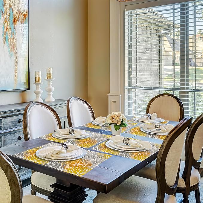 Abstract Yellow Gray Dahlia Flower Placemats Set of 6,Elegant Vinyl Place Mats Heat Resistant Washable Non-Slip Table Mats for Party Kitchen Dining Decor 12x18 Inch