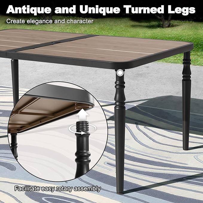 NUU GARDEN Patio Dining Table for 6, 61” x 37” Large Rectangle Metal Table with Wood-Grain Tabletop, Outdoor Table with 2.1” Umbrella Hole for Backyard, Lawn, Garden, Black