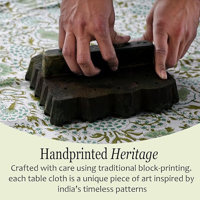 CPC Tablecloth 100% Cotton 70x108 Inch Indian Block Print Rectangle Table Cover, Green Table Cloth for Weddings, Spring/Summer, Barbeque - Agate Green
