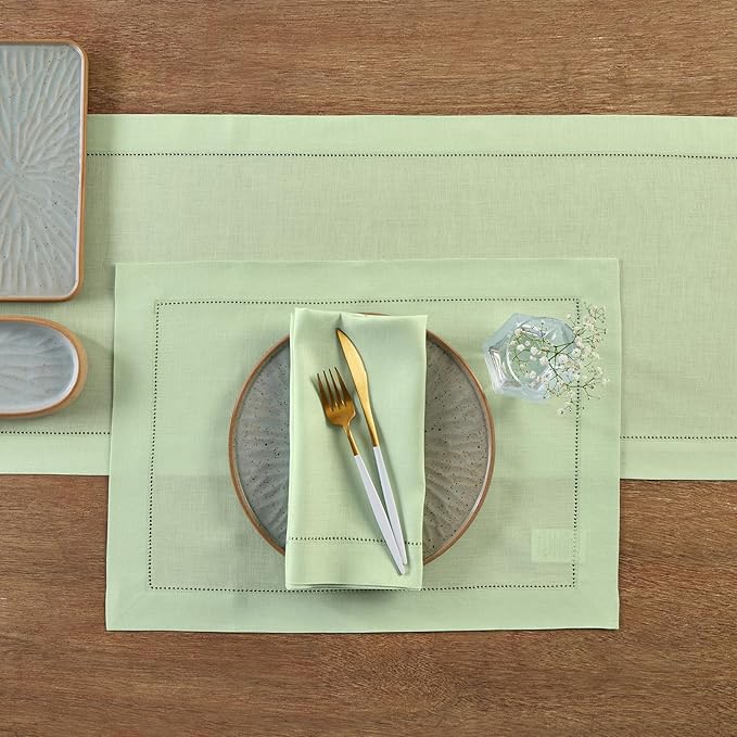 Solino Home Linen Table Runner 120 Inches Long - 100% Pure Linen Light Green Table Runner 14 x 120 Inch for Spring, St Patricks Day, Easter - Classic Hemstitch