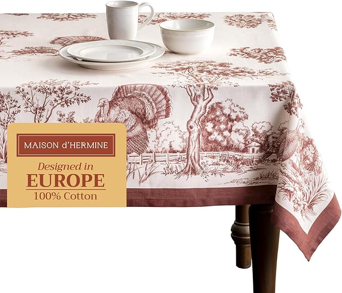 Maison d' Hermine Table Cloth Rectangle Table 100% Cotton 60 x 108 Inches Fall Tablecloth Reusable Everyday Use for Thanksgiving Christmas Decorations Dining Farmhouse Party (Holy Jouy - Brown)