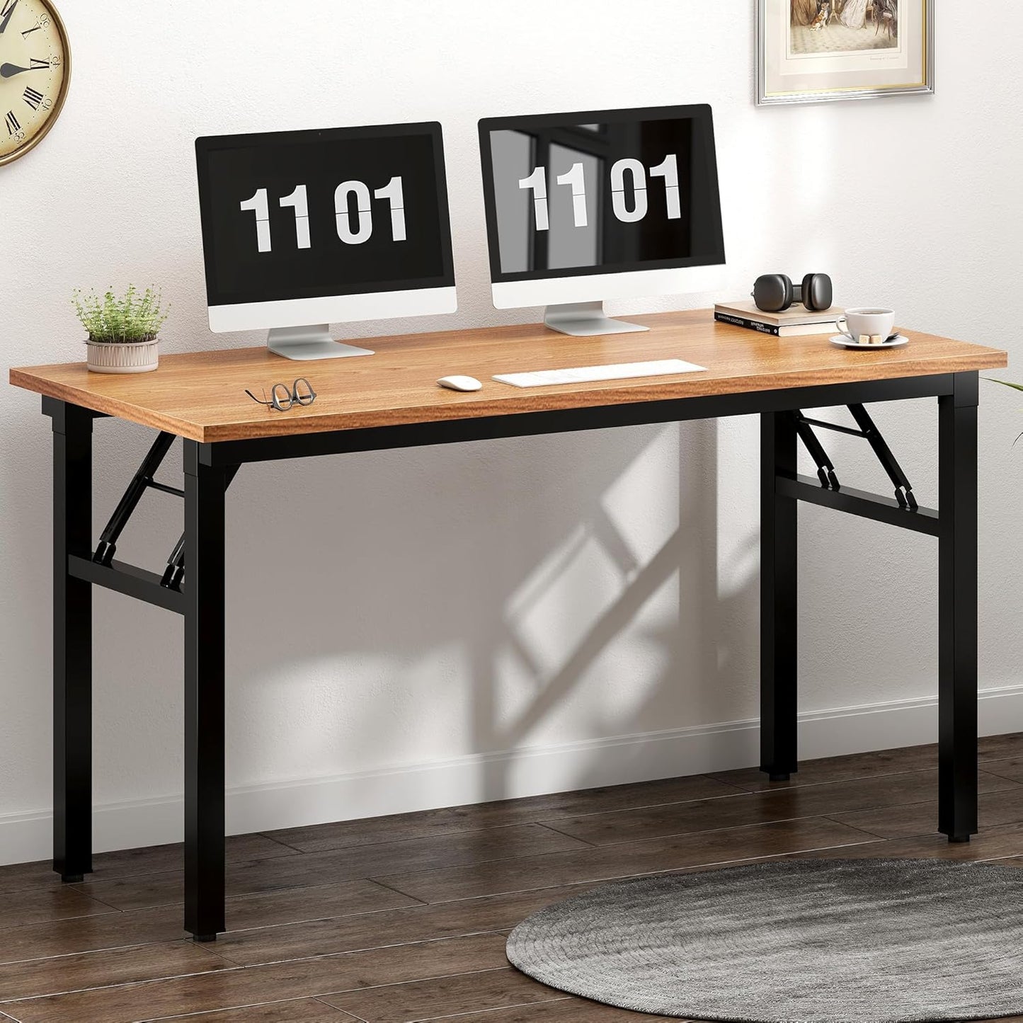 Need Home Office Desk 47 inches Folding Computer Table Workstation No Install, Teak and Black