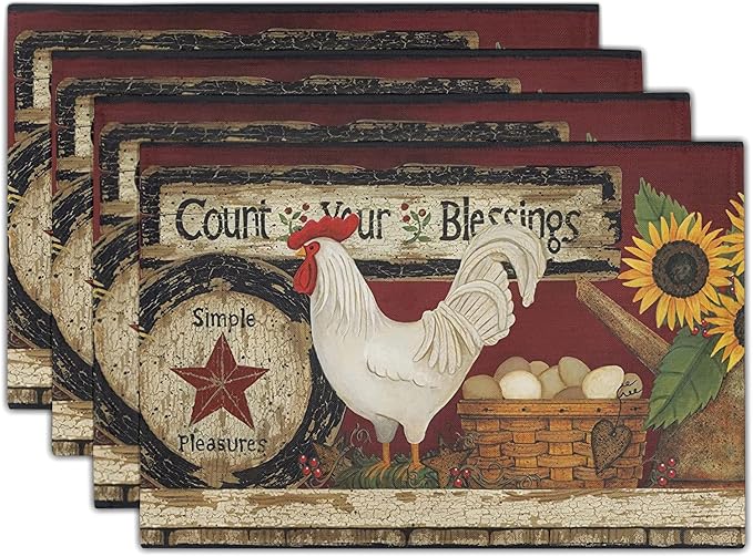 Giwawa Vintage Rooster Placemats Set of 4 Farmhouse Chicken Linen Table Mat Rustic Country Style Farm Animal Print Heat Resistant Non-Slip Washable Place Mats for Dining Kitchen Party Decor